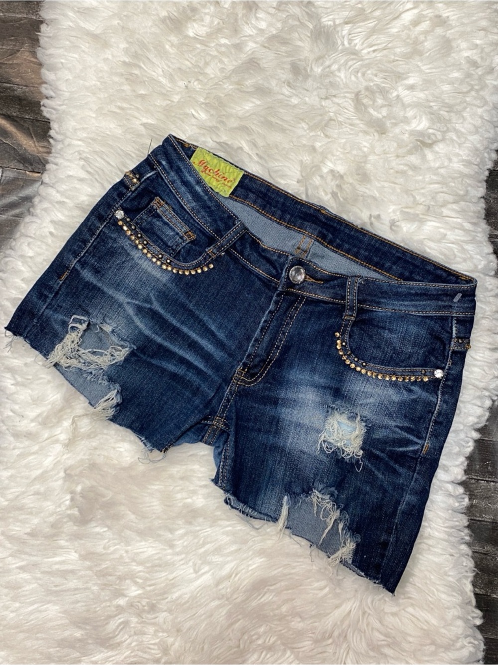 VINTAGE MACHINE CUT OFF DENIM SHORTS EMBELLISHED RHINESTONE BLING EURO